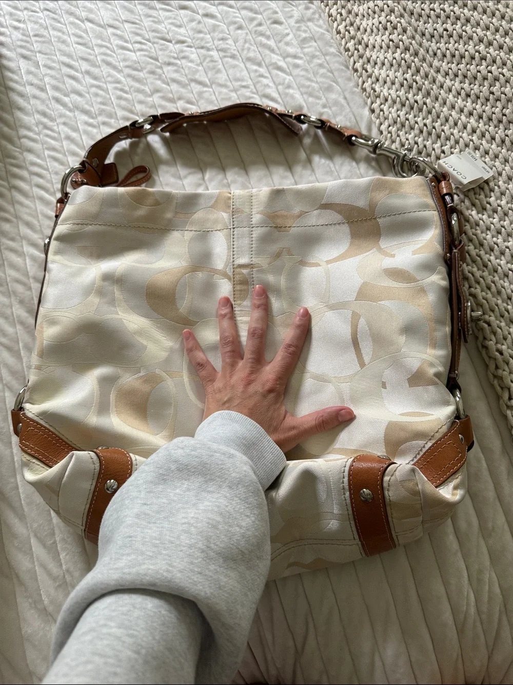 Coach Cream and Tan Signature Canvas Shoulder Bag